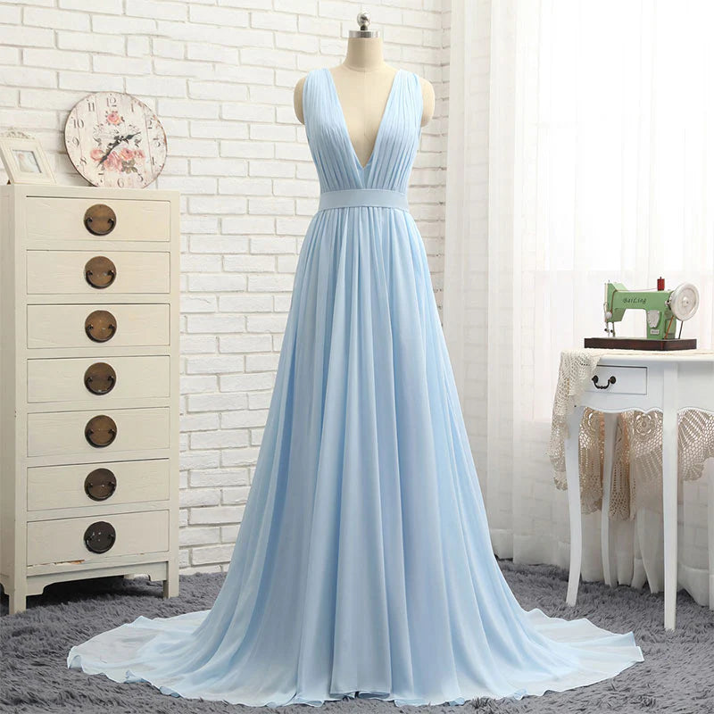 Vestidos formales azul claro escote en V profundo sin mangas de gasa vestido de fiesta largo vestido de noche / vestidos de fiesta tienda